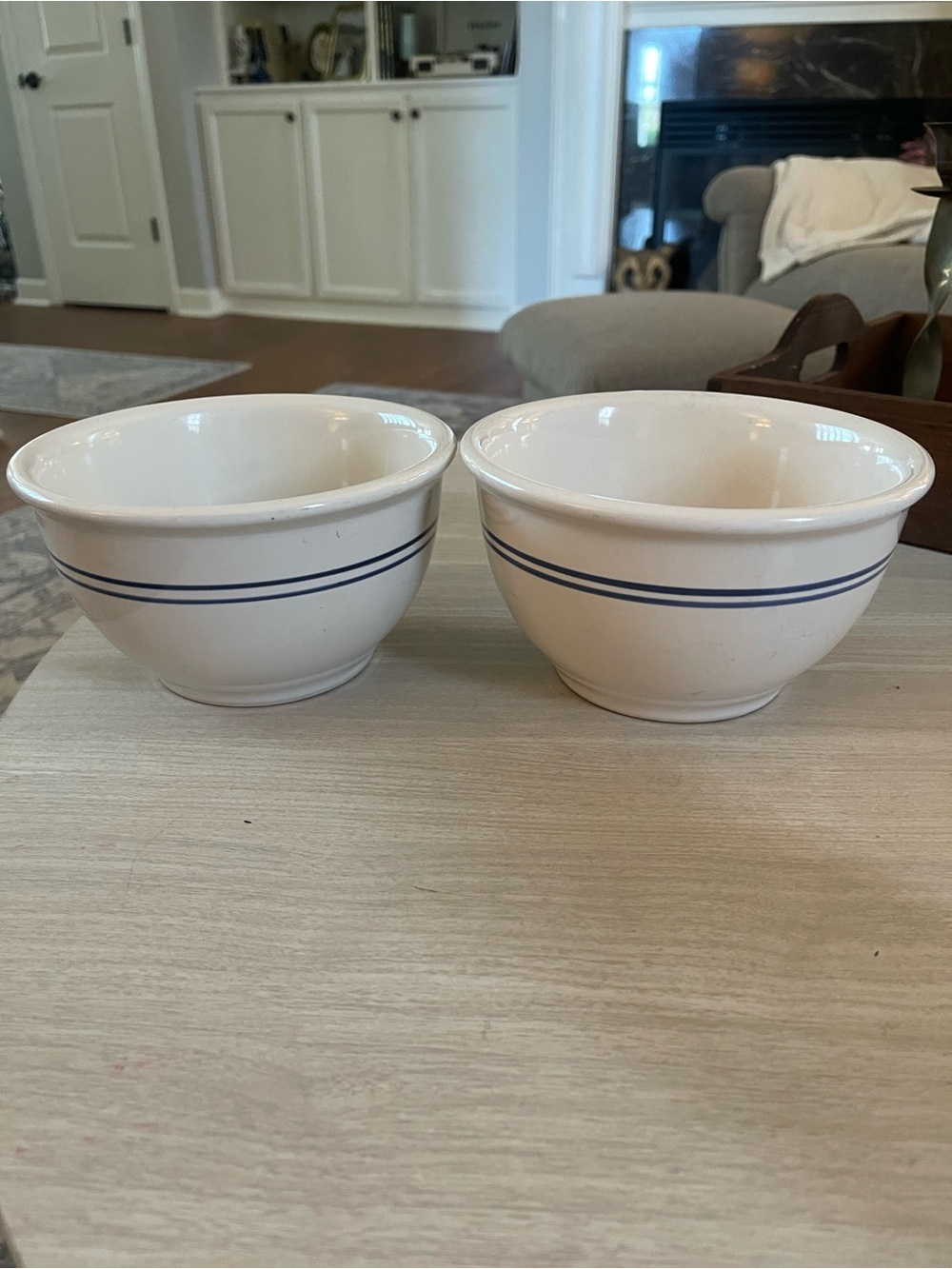 2 Vintage Gibson Blue/White Stoneware Bowls 6 1/2" x 3 3/4" 3.5 Cups Retro Farm